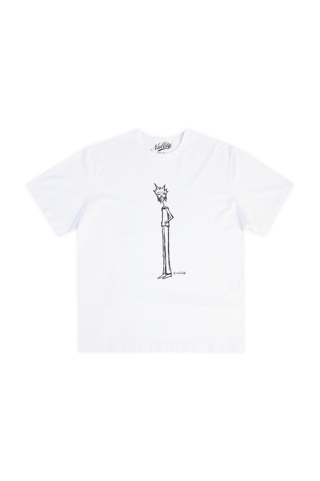 A white short-sleeve crewneck t-shirt featuring a minimalist black line art illustration of a tall, thin cartoon character on the chest, displayed flat against a white background.