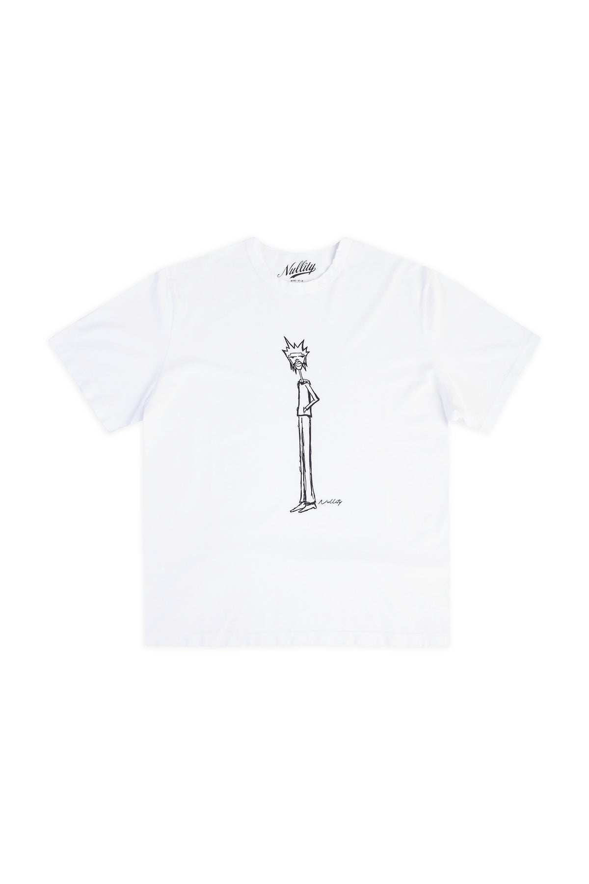 A white short-sleeve crewneck t-shirt featuring a minimalist black line art illustration of a tall, thin cartoon character on the chest, displayed flat against a white background.
